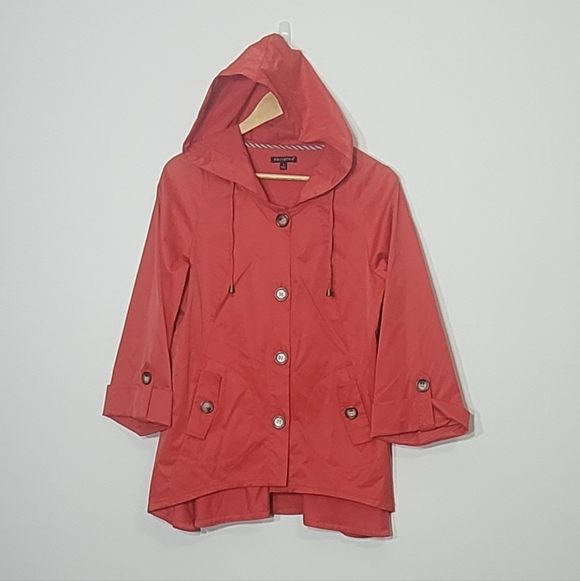 For Cynthia Red Raincoat Cotton Blend Pockets High Low Hooded Size Small - Picture 2 of 12